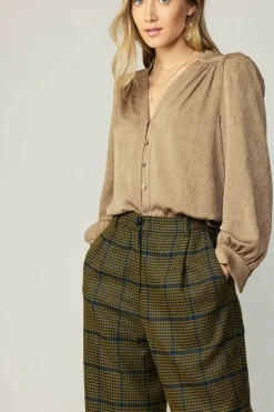 Discount Shirred Jacquard Blouse Women Long Sleeve Tops