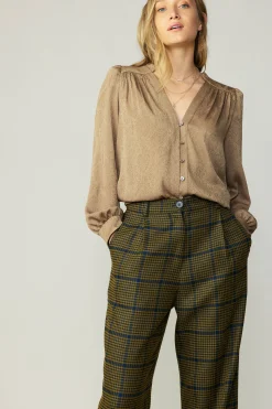 Discount Shirred Jacquard Blouse Women Long Sleeve Tops