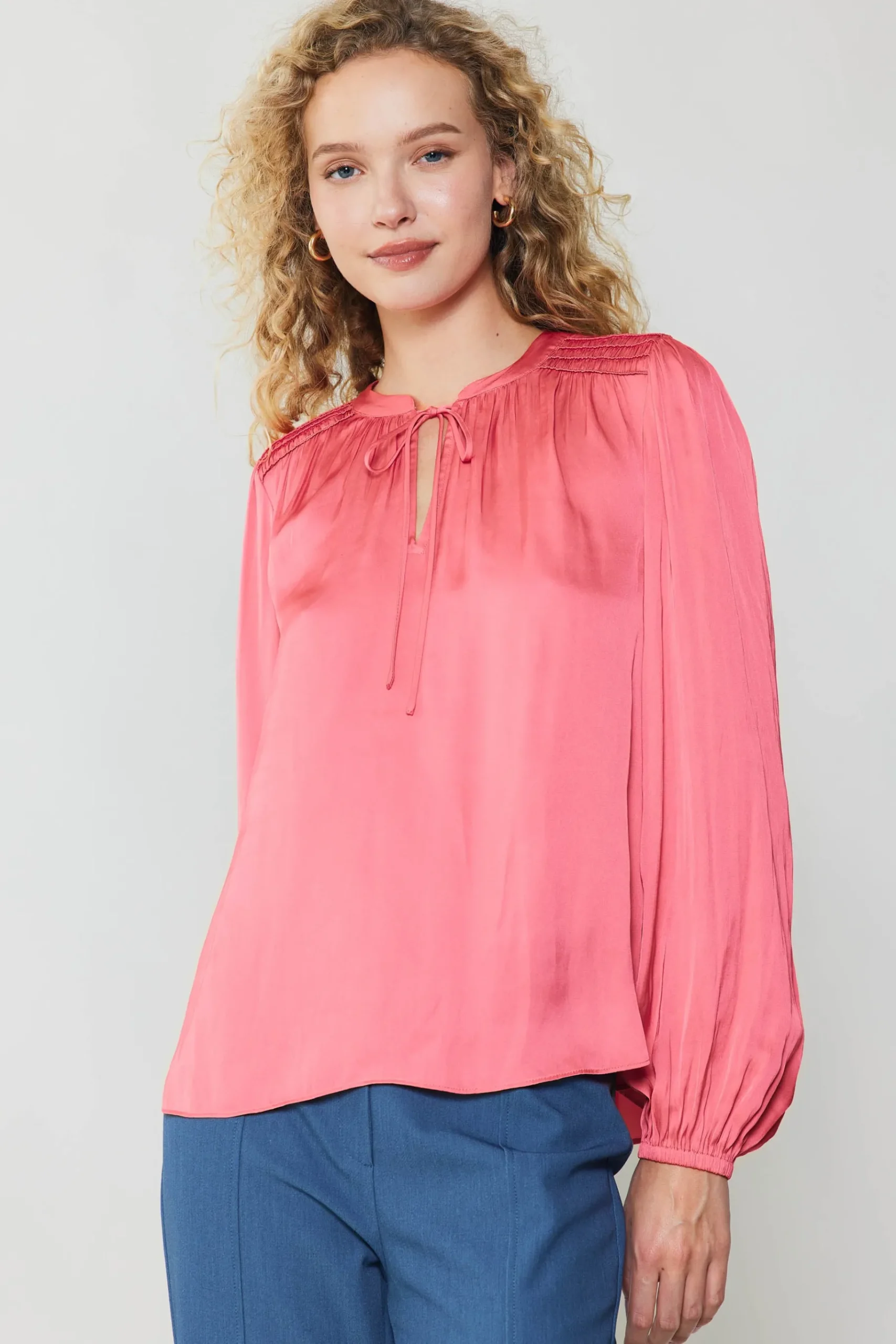Fashion Shirred Yoke Blouse Women Long Sleeve Tops