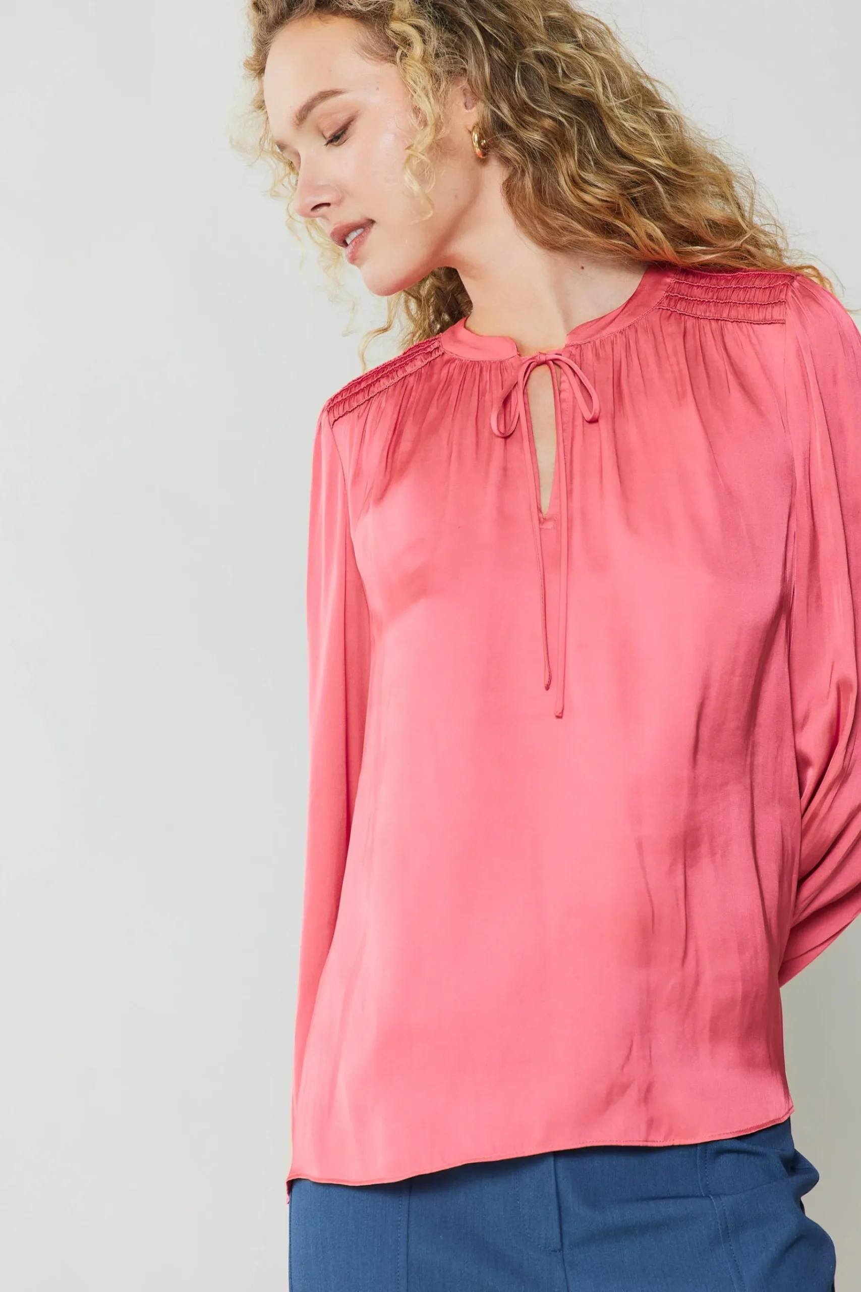 Fashion Shirred Yoke Blouse Women Long Sleeve Tops