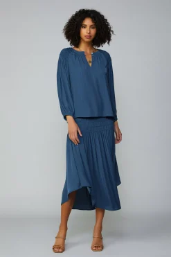 Clearance Smocked Shoulder Button Blouse Women Long Sleeve Tops