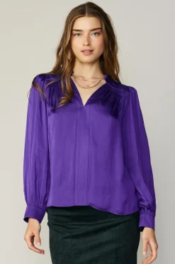 Discount Smocked Shoulder Cuffed Blouse Women Long Sleeve Tops