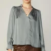 Clearance Smocked Shoulder Cuffed Blouse Women Long Sleeve Tops