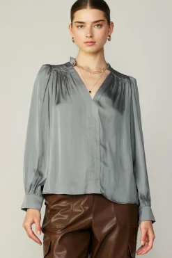 Clearance Smocked Shoulder Cuffed Blouse Women Long Sleeve Tops