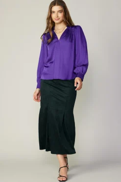 Discount Smocked Shoulder Cuffed Blouse Women Long Sleeve Tops