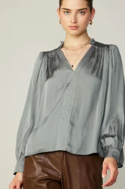 Clearance Smocked Shoulder Cuffed Blouse Women Long Sleeve Tops