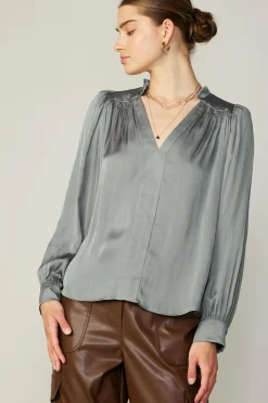 Clearance Smocked Shoulder Cuffed Blouse Women Long Sleeve Tops