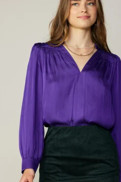 Discount Smocked Shoulder Cuffed Blouse Women Long Sleeve Tops