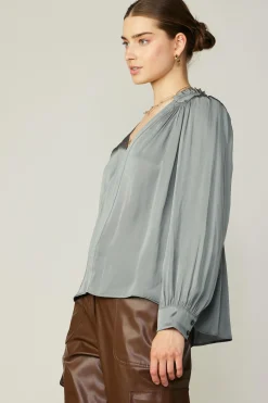 Clearance Smocked Shoulder Cuffed Blouse Women Long Sleeve Tops