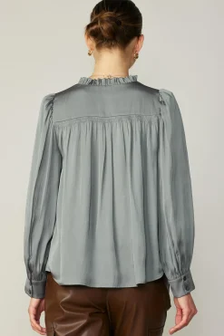 Clearance Smocked Shoulder Cuffed Blouse Women Long Sleeve Tops