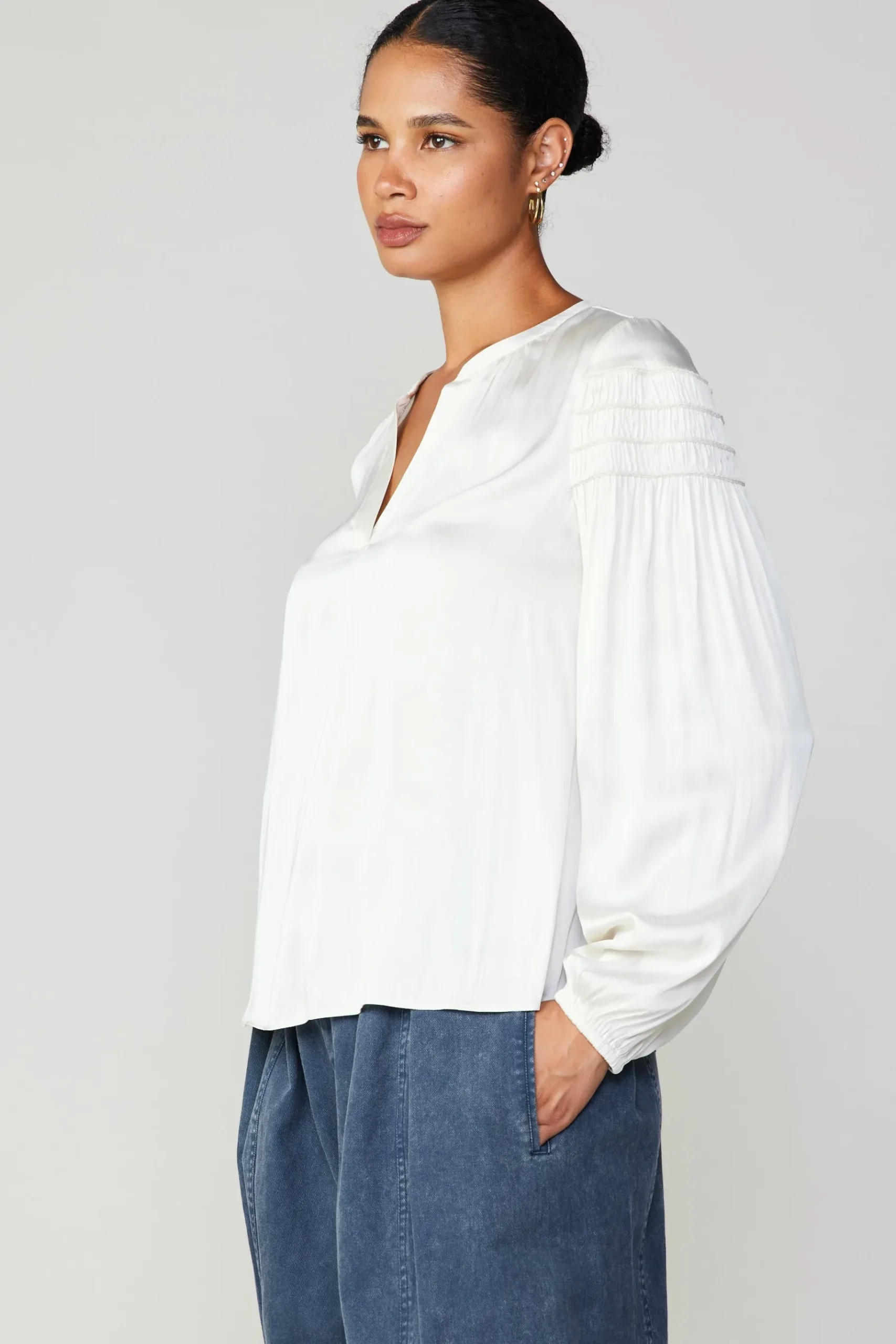 Clearance Smocked Sleeve Blouse Women Long Sleeve Tops