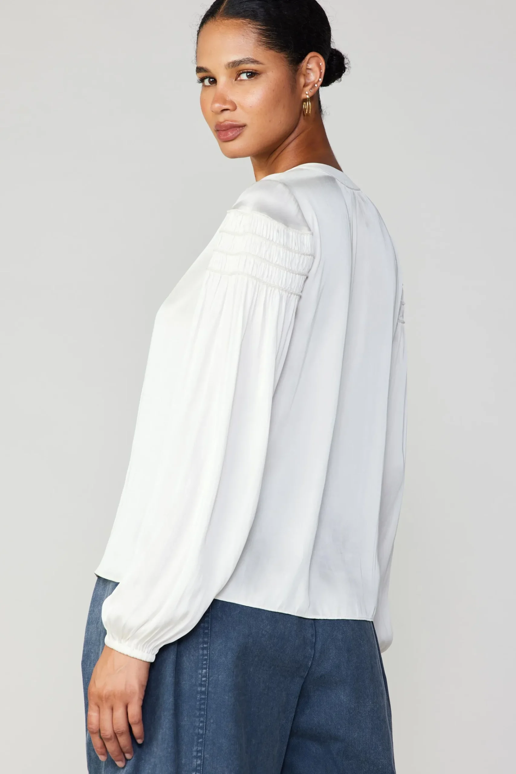 Clearance Smocked Sleeve Blouse Women Long Sleeve Tops