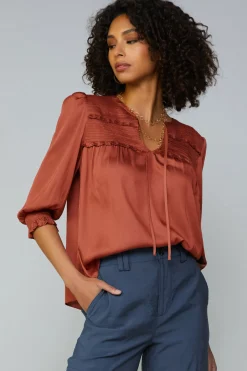 Clearance Smocked Split Neck Blouse Women Long Sleeve Tops