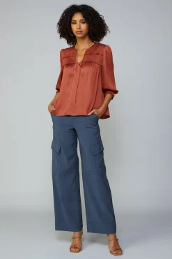 Clearance Smocked Split Neck Blouse Women Long Sleeve Tops