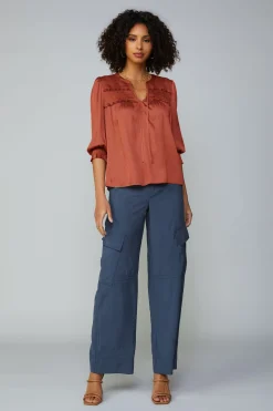 Clearance Smocked Split Neck Blouse Women Long Sleeve Tops