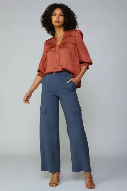 Clearance Smocked Split Neck Blouse Women Long Sleeve Tops