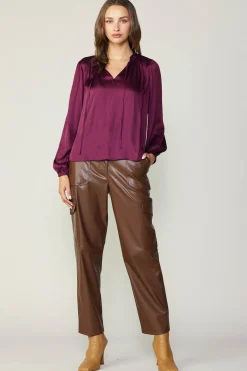 New Smocked Yoke Blouse Women Long Sleeve Tops