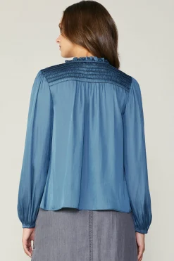 Outlet Smocked Yoke Blouse Women Long Sleeve Tops