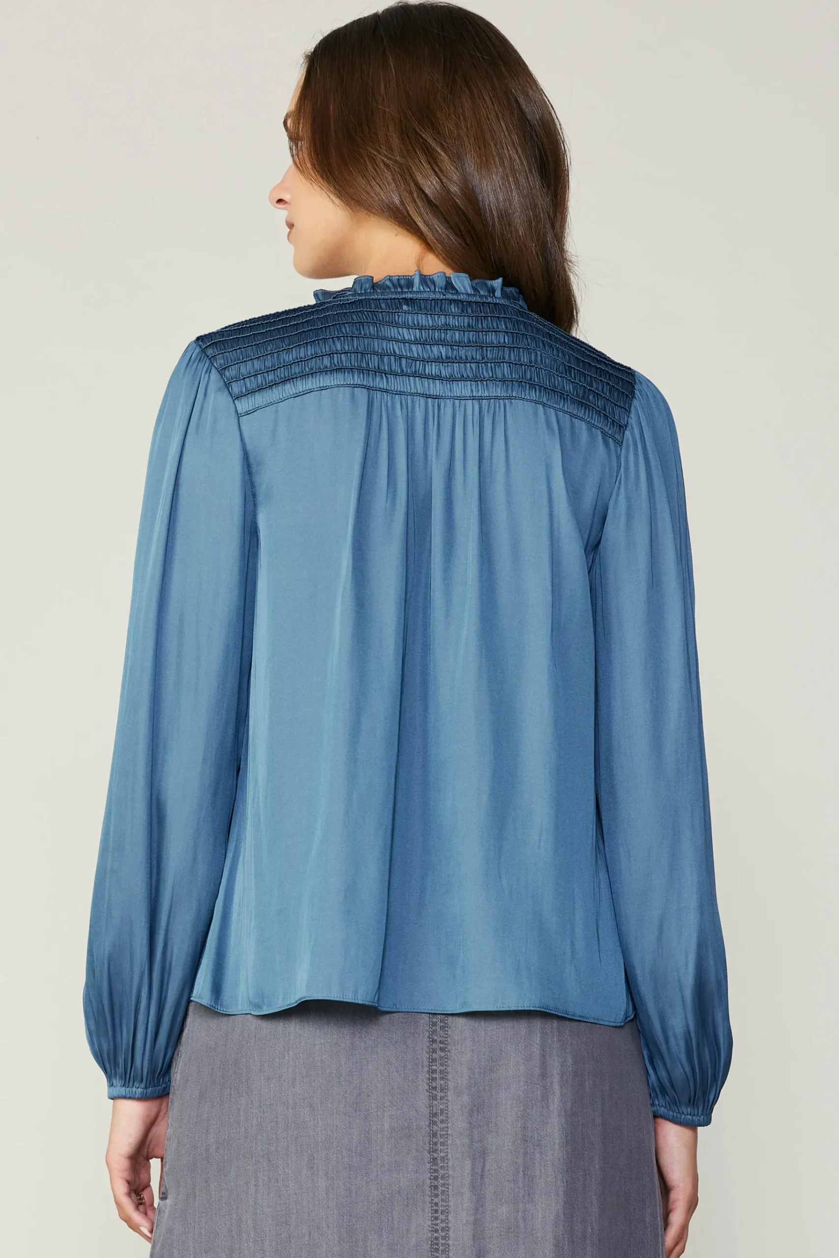 Outlet Smocked Yoke Blouse Women Long Sleeve Tops