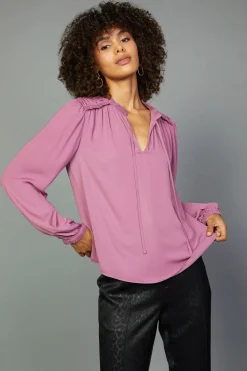 Online Split Neck Blouse Women Long Sleeve Tops