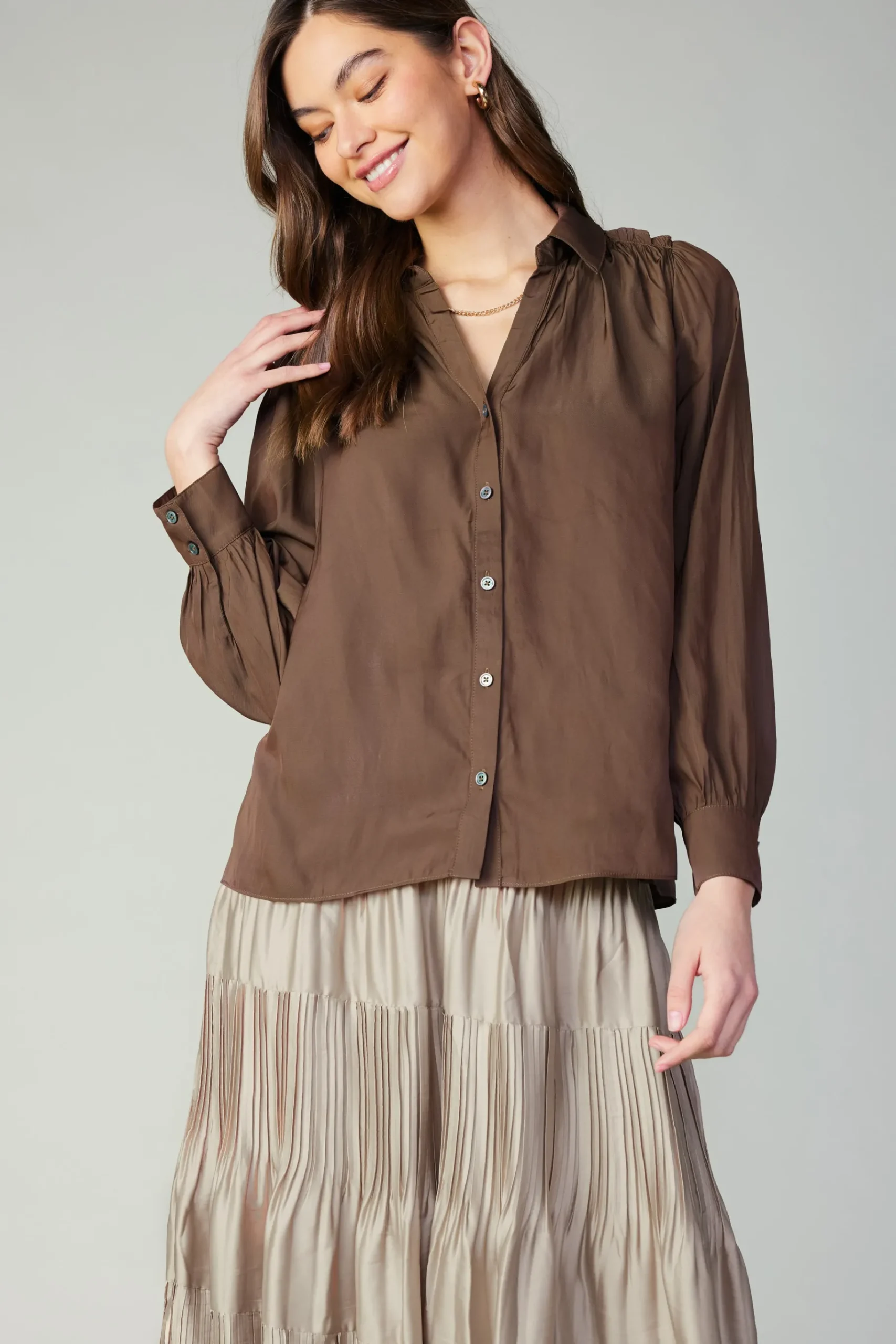 Discount Split Neck Buttoned Shirt Women Long Sleeve Tops