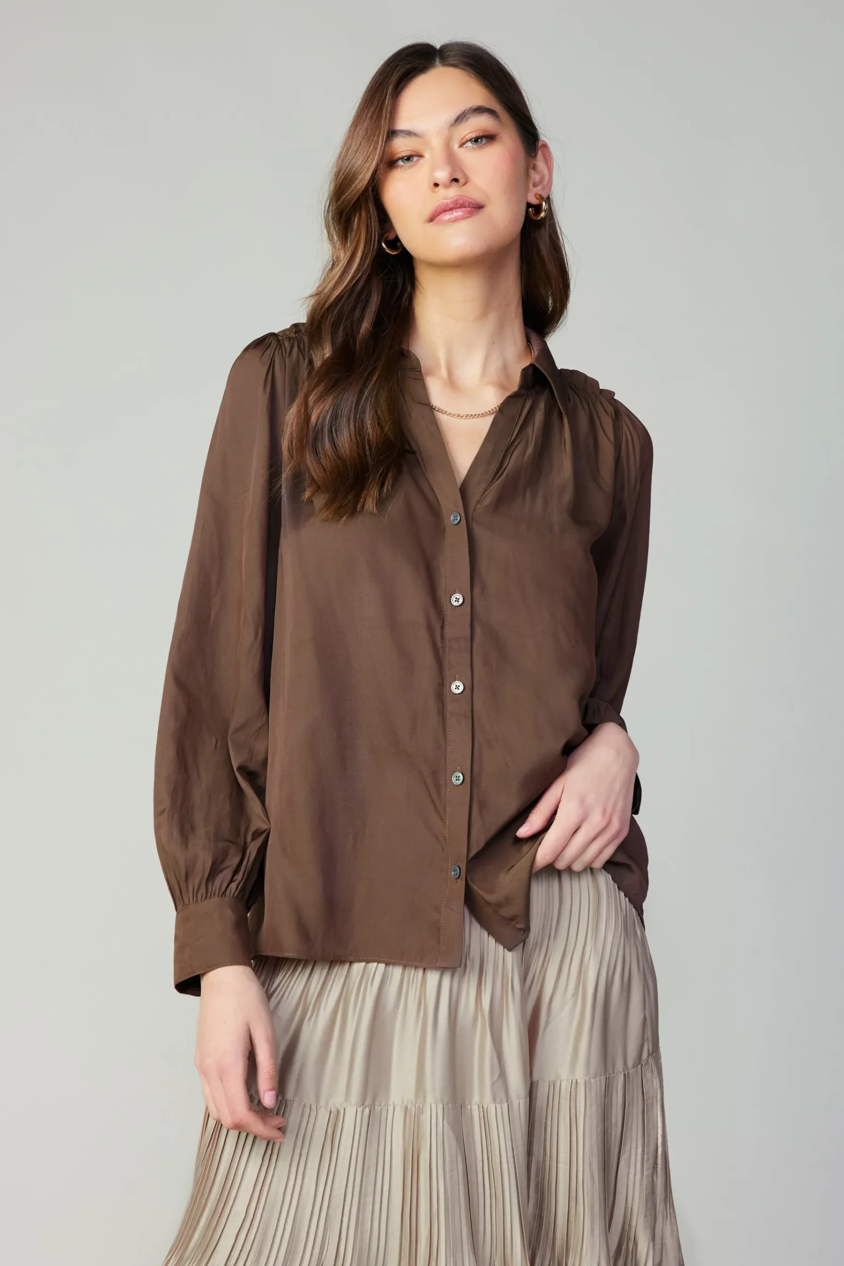 Discount Split Neck Buttoned Shirt Women Long Sleeve Tops