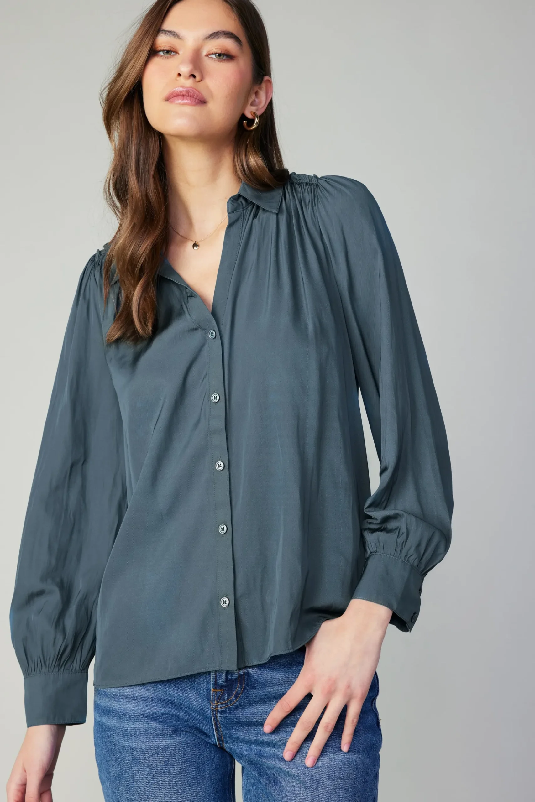 New Split Neck Buttoned Shirt Women Long Sleeve Tops