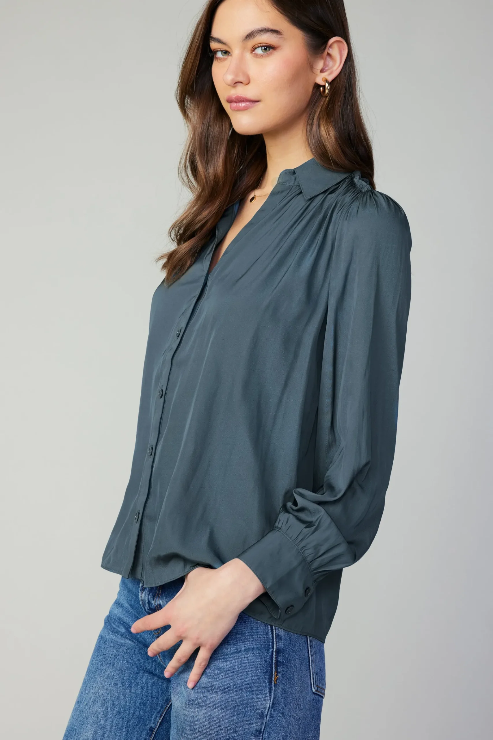 New Split Neck Buttoned Shirt Women Long Sleeve Tops