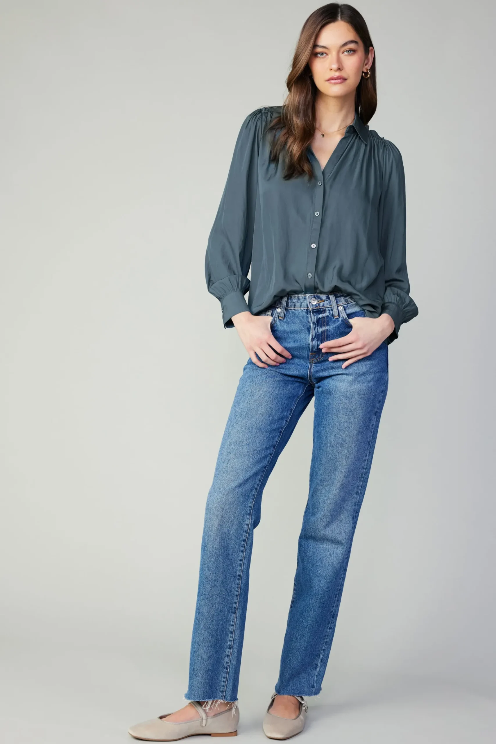 New Split Neck Buttoned Shirt Women Long Sleeve Tops
