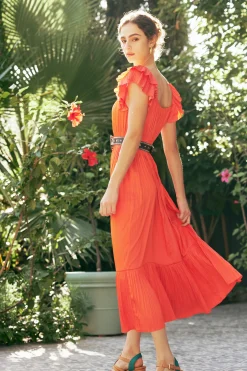 Fashion Square Neck Flutter Sleeve Midi Dress Women Midi Dresses