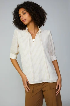 New Striped Structured Sleeve Blouse Women Short Sleeve Tops