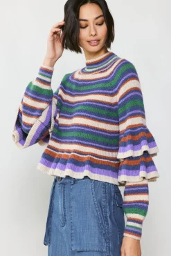 Outlet Striped Tiered Sleeve Sweater Women Sweaters
