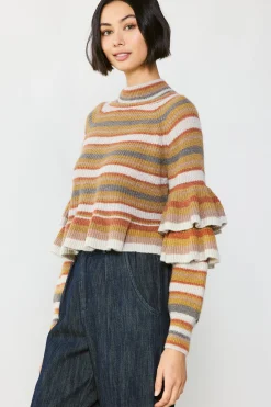 Discount Striped Tiered Sleeve Sweater Women Sweaters