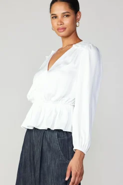 Online Surplice Peplum Blouse Women Long Sleeve Tops