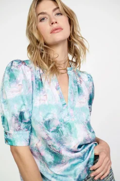 Clearance Swirl Motif Blouse Women Short Sleeve Tops