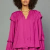 Discount Tiered Bubble Sleeve Blouse Women Long Sleeve Tops
