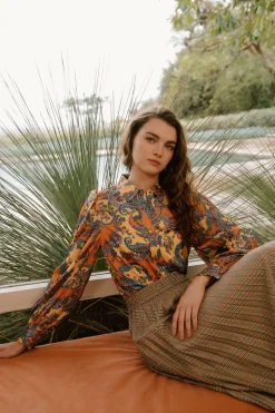 Discount Tonal Paisley Pleated Shirt Women Long Sleeve Tops