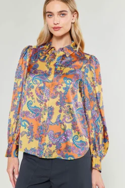 Discount Tonal Paisley Pleated Shirt Women Long Sleeve Tops