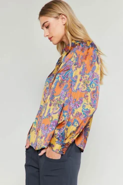 Discount Tonal Paisley Pleated Shirt Women Long Sleeve Tops