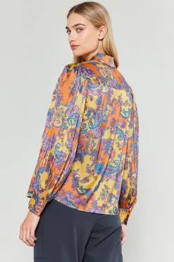 Discount Tonal Paisley Pleated Shirt Women Long Sleeve Tops