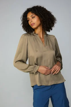 Fashion Top Stitch Placket Blouse Women Long Sleeve Tops