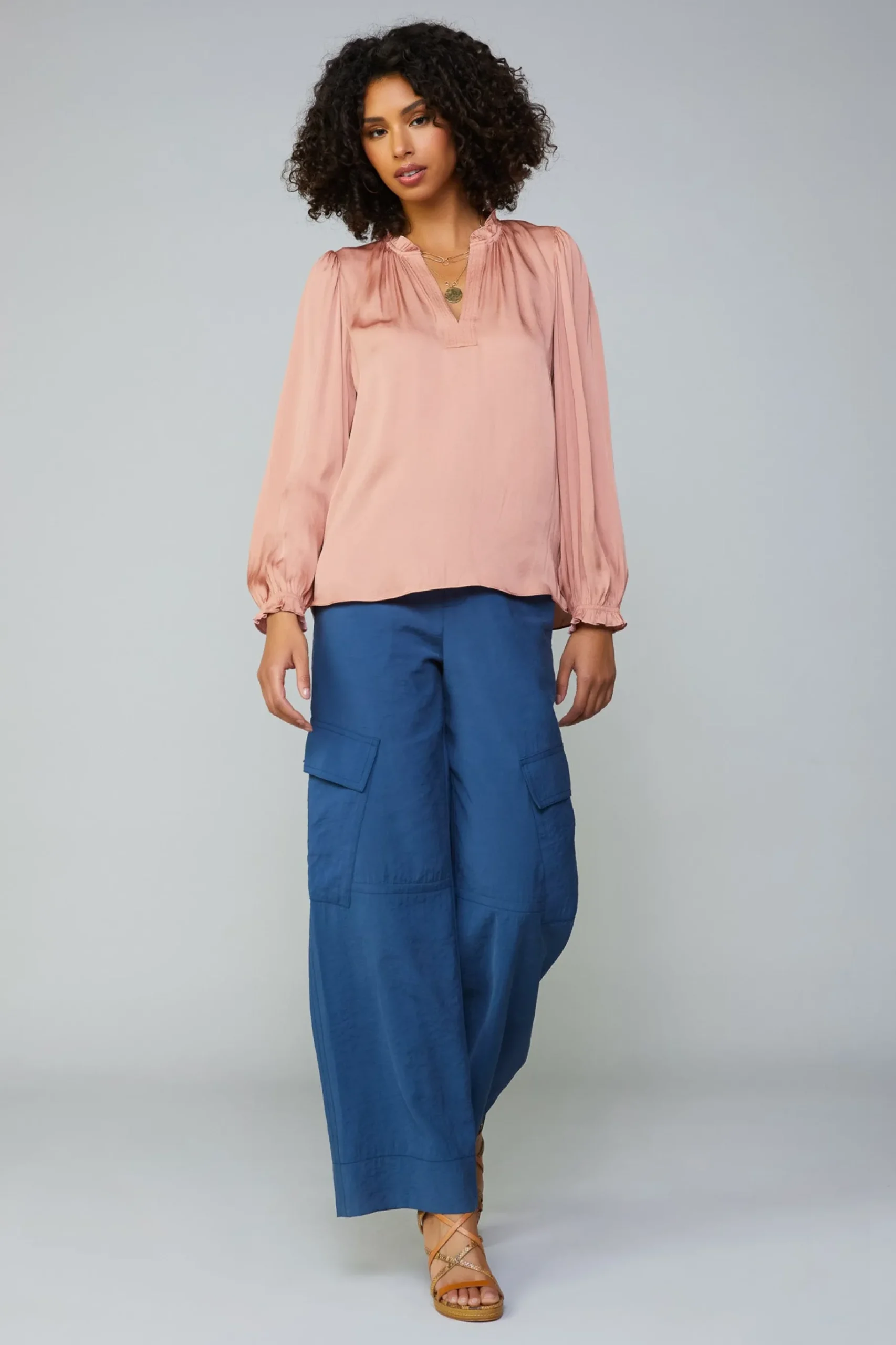 Outlet Top Stitch Placket Blouse Women Long Sleeve Tops