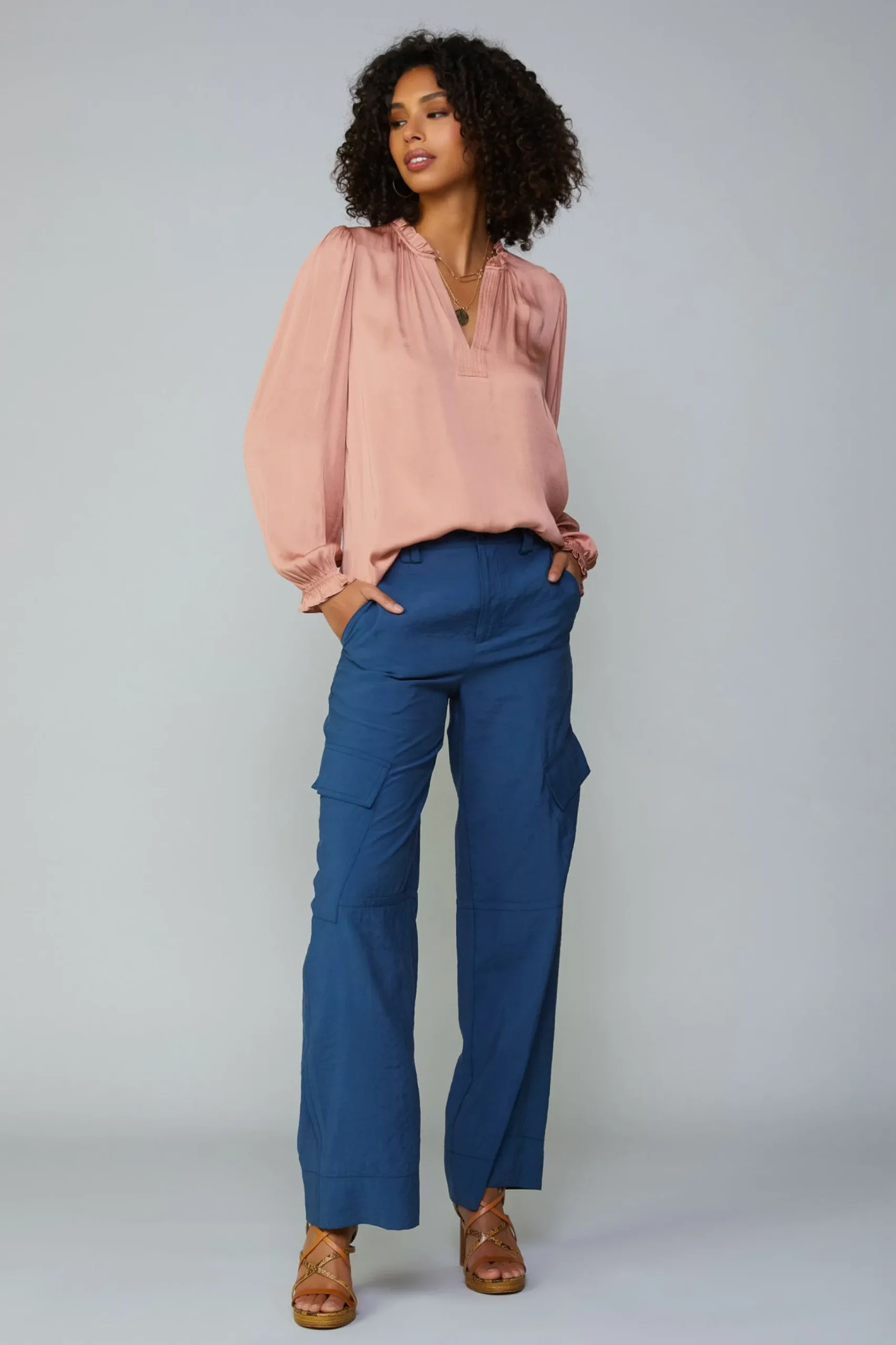 Outlet Top Stitch Placket Blouse Women Long Sleeve Tops