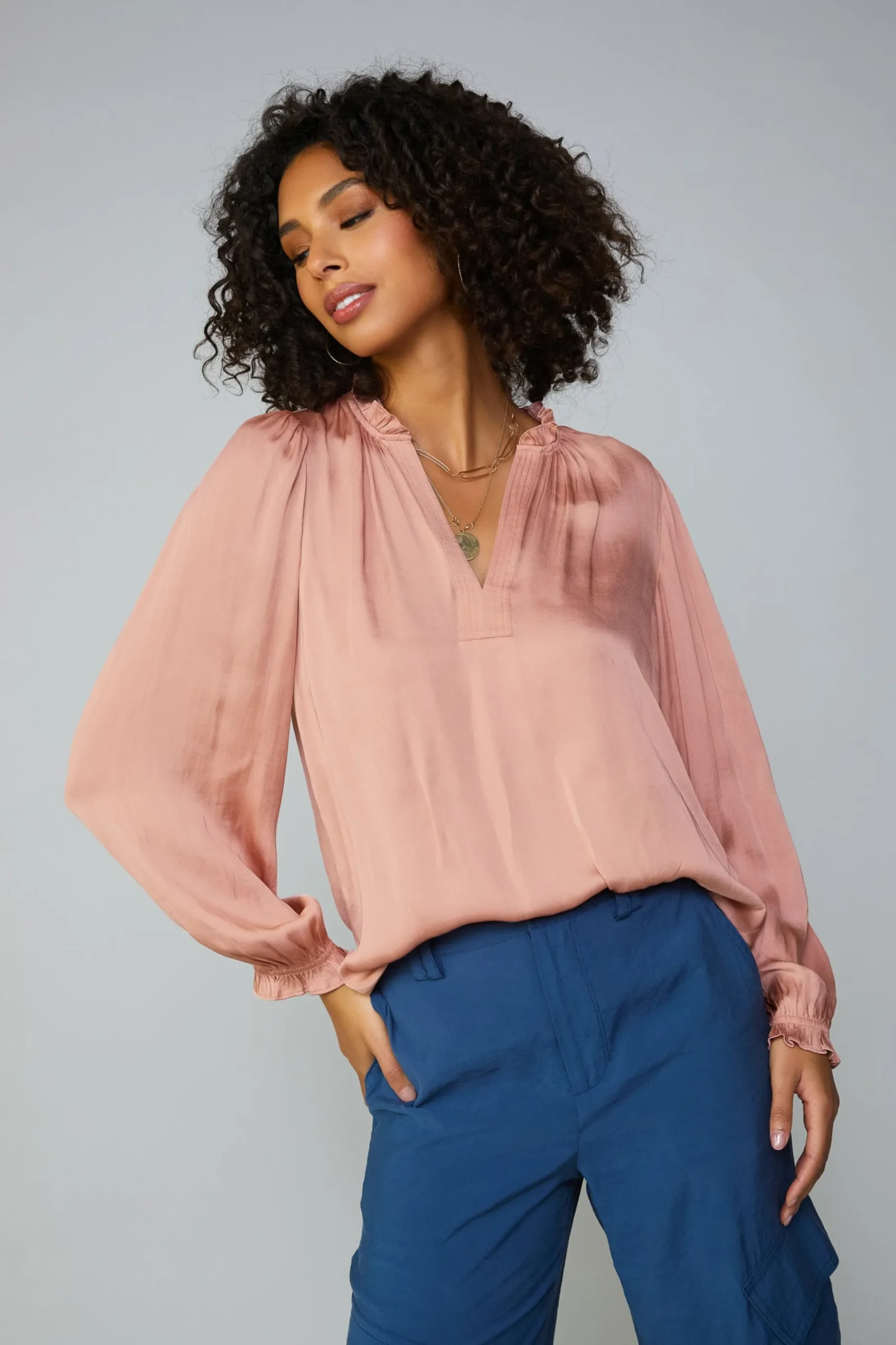 Outlet Top Stitch Placket Blouse Women Long Sleeve Tops
