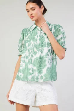 Hot Tulip Jacquard Blouse Women Short Sleeve Tops