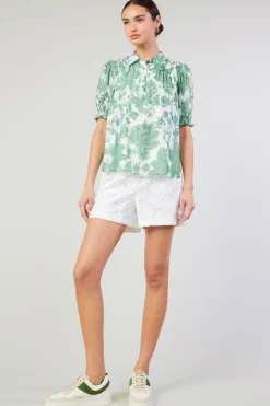 Hot Tulip Jacquard Blouse Women Short Sleeve Tops