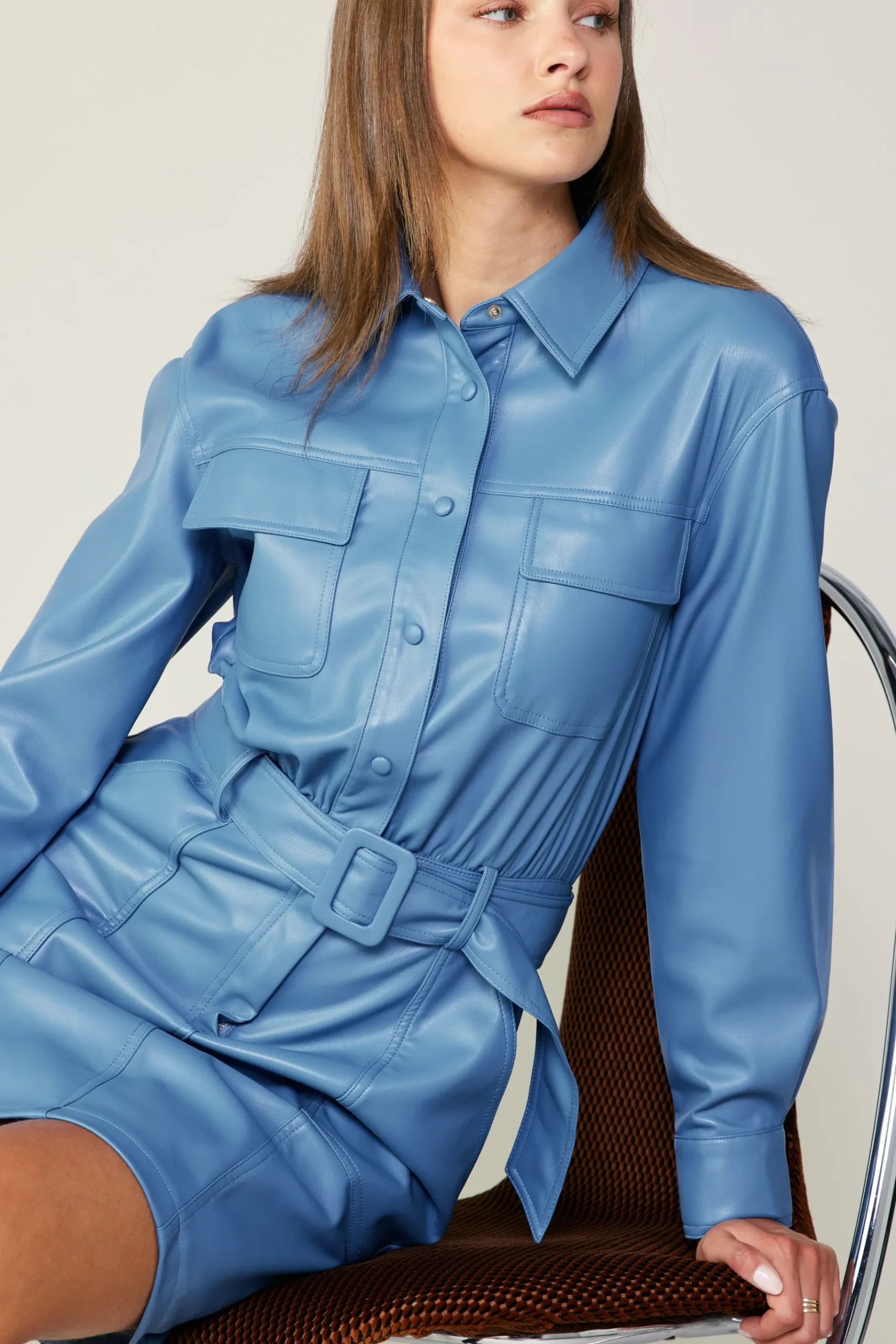 Fashion Vegan Leather Belted Shirt Dress Women Mini Dresses
