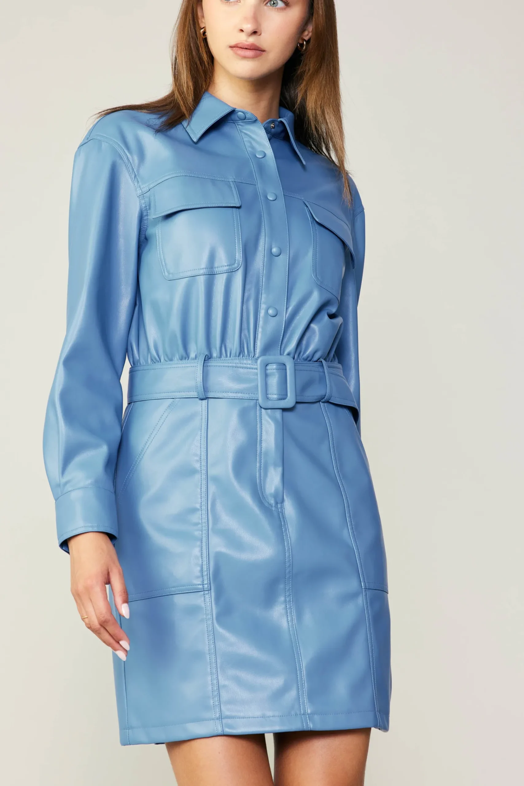 Fashion Vegan Leather Belted Shirt Dress Women Mini Dresses