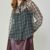 Sale Windowpane Plaid Sheer Blouse Women Long Sleeve Tops