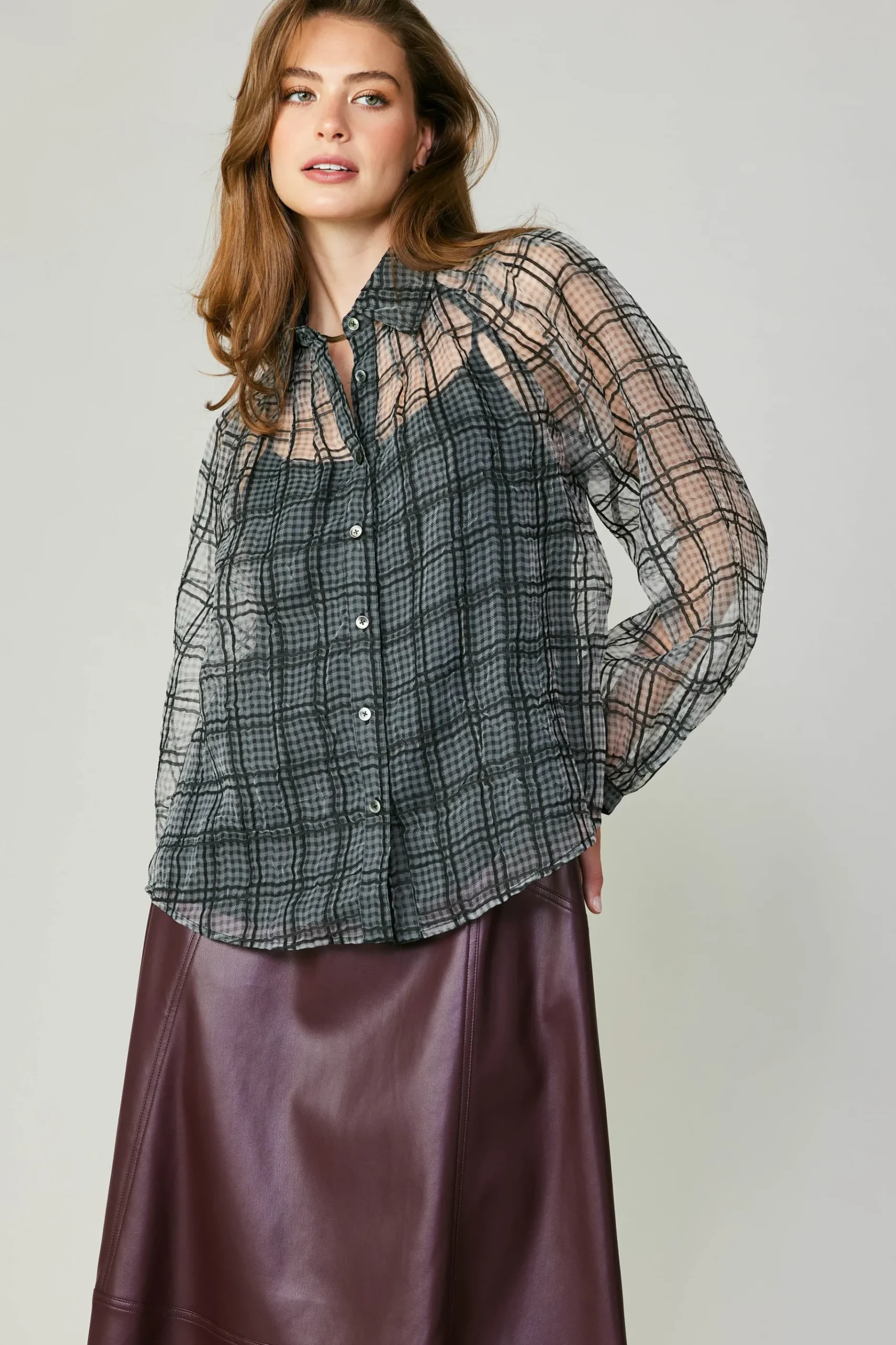 Sale Windowpane Plaid Sheer Blouse Women Long Sleeve Tops